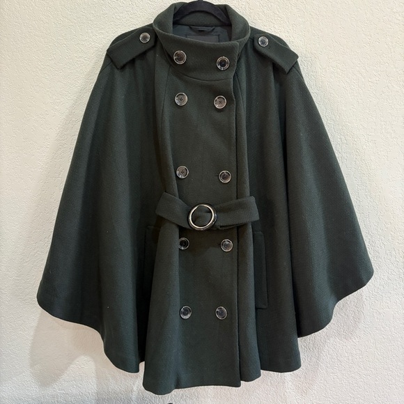 Rare Rachel Zoe 100% Wool Cape Coat M/L Dark Green - Picture 2 of 6